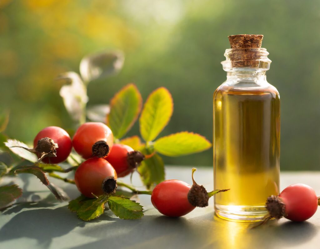 Firefly rosehip oil and a branch of a wild rose with berries close up the concept is vitamins for c 4