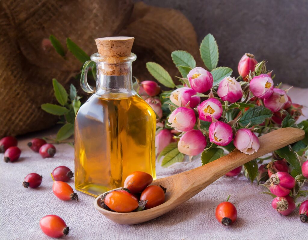 Firefly rosehip oil with a wooden spoon and a beautiful bouquet 51474