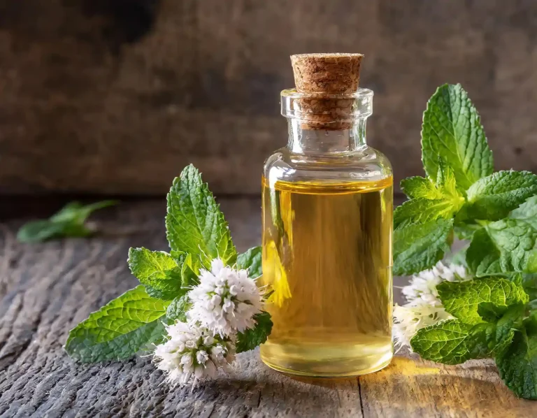 Peppermint oil on a wooden table